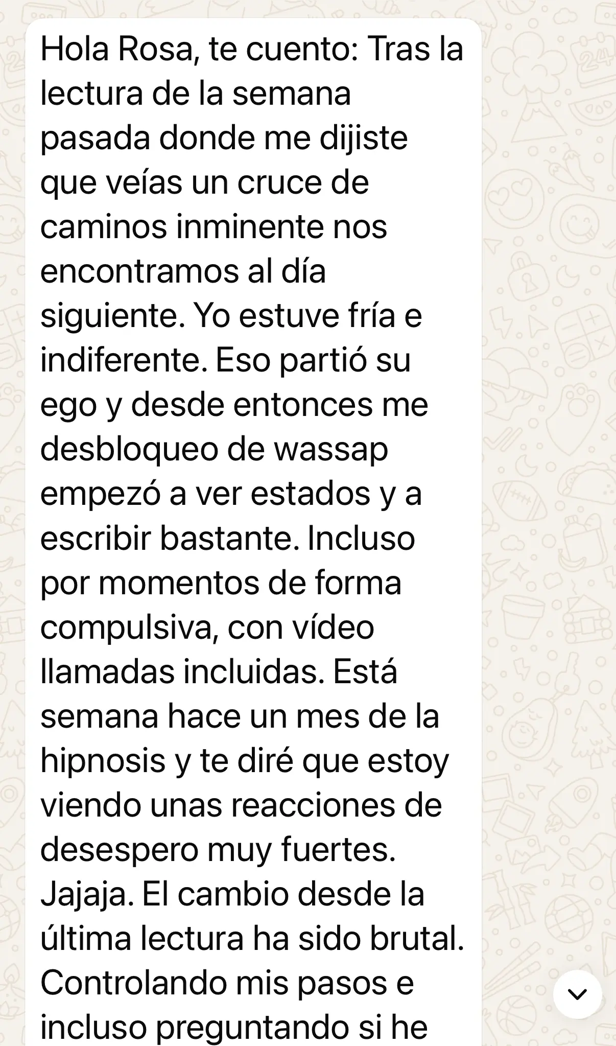 Captura de la conversacion de WhatsApp con el mensaje de María L., sin numero de telefono, sin foto de perfil y sin horas.